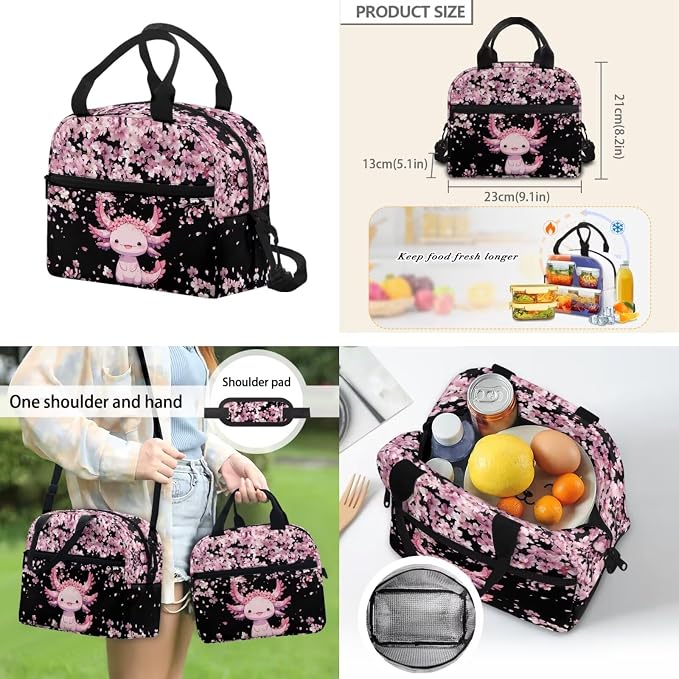 ZFRXIGN Cherry Blossom Axolotl Kids Backpack for Girls Bookbag with Cute Pendant 17inch Elementary School Bag and Insulated Lunch Box Portable Pencil Case Black