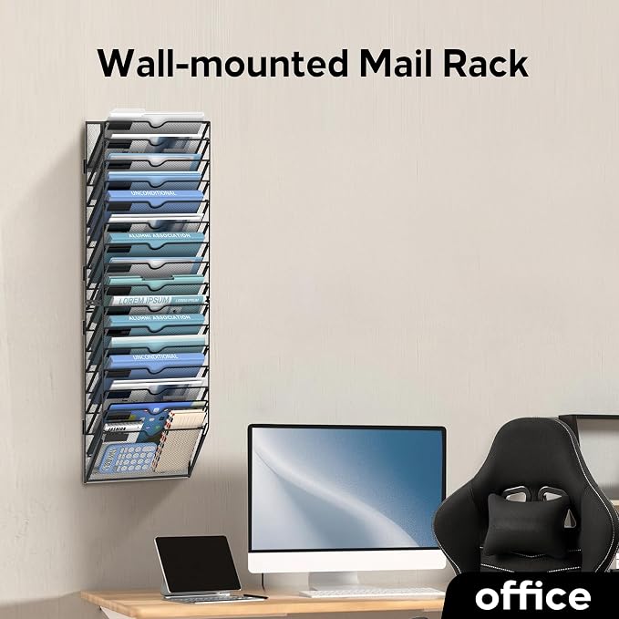 16 Tier Wall Hanging File Organizer, Paper Folder Holder Wall Mounted, Metal Mail Sorter for Office Home School, Black