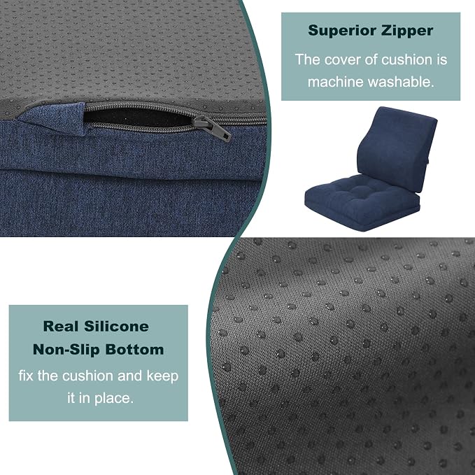 baibu Memory Foam Small Recliner Cushions with Lumbar Support Pillow Set, 18x16x4 Inch Dual-Layer Design Non-Slip Recliner Seat Cushion & Back Support Pillow for Reduce Hip & Lumbar Pain, Navy Blue
