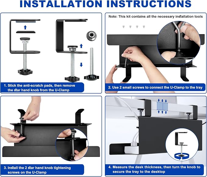 ZhiYo Steel 15.8in Cable Management Under Desk Tray, XL Clamp-On Under Table Cable Tray, No Drill Cord Hider Organizer for Desk, Wire Management Raceway, Black, W4.9in x H5.9in