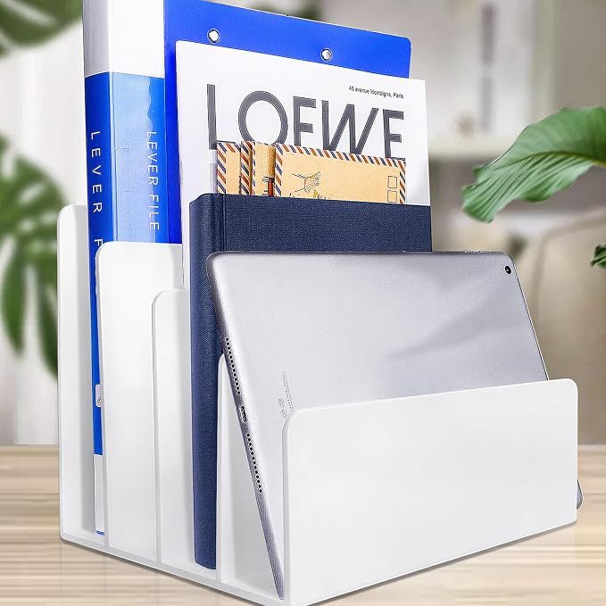 4 Section White Acrylic Desk Organizer and Accessories, Sturdy & Thick Acrylic File Folder Holder Sorter, Office Supplies for Mail, Letters, Paper, Electronics