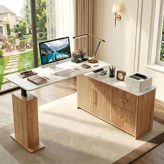 NORTHSKY 55'' L-Shaped Standing Desk, Electric Height Adjustable Sit-Stand Desk with Drawers & Storage Cabinet, Fluted Modern Corner Desk for Home Office