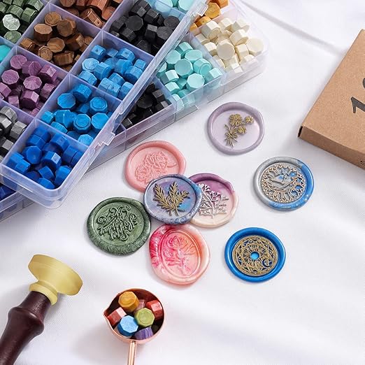 Wax Seal Kit - 624Pc Stamp Kit with 24 Colors, Wax Seal Spoon, Tea Candles, Warmer, Pen