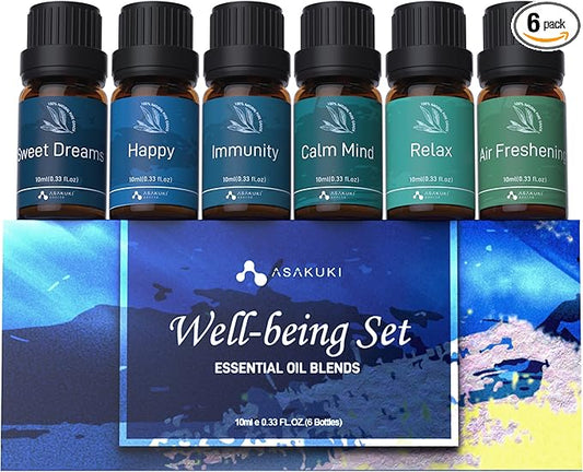 ASAKUKI Essential Oils, Essential Oil for Diffusers for Home, Well-Being Kit- Calm Mind, Sweet Dreams, Happy, Relax, Air Freshening, Immunity for Aromatherapy, Humidifiers, Massage, 6x10ml