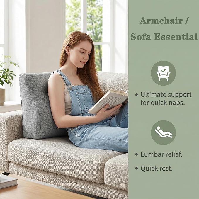 baibu Lumbar Support Pillow for Recliner, Large Memory Foam Dual-Layer Patent Design Back Support Cushion for Sofa & Gaming Chair, Ergonomic Lumbar Pillow with Machine Washable Cover, Light Grey