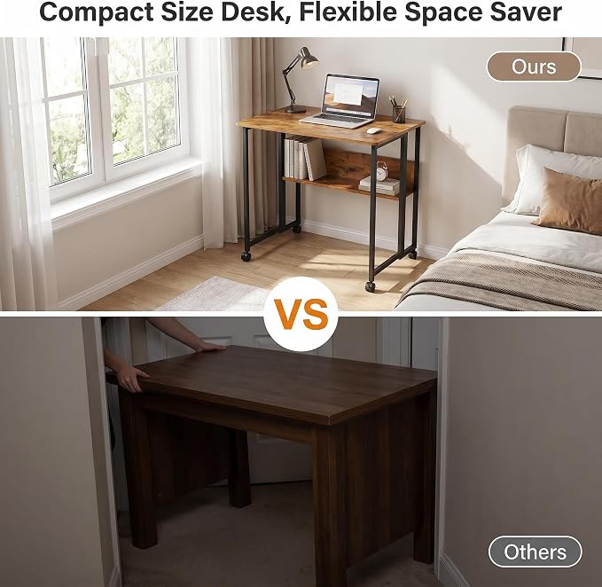 Mobile Foldable Desk w/Wheels and Feet Pads, Foldable Computer Desk, Folding Desk, Small Computer Desk for Small Spaces, Folding Table for Office Bedroom Living Room-Rustic Brown