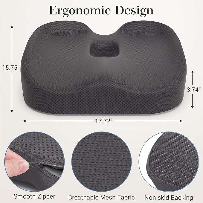 Donut Pillow Seat Cushion for Hemorrhoids & Tailbone Pressure Relief - Memory Foam Office Chair Cushion for Sciatica, Coccyx & Back Pain, Non-Slip Butt Cushions for Long Sitting (Grey)