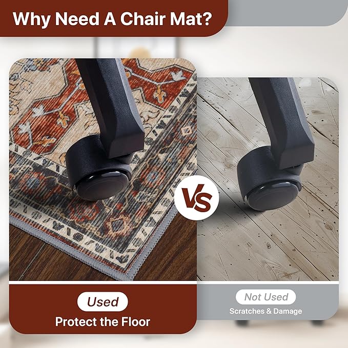 30"x48" Office Chair Mat for Hardwood Tile Floor, Under Desk Carpet Protector for Rolling Computer Chair Mat, Machine Washable Area Rug, Anti-Slip 1/5" Thick Low Pile Thin Vinyl Floor Mat, Annatto
