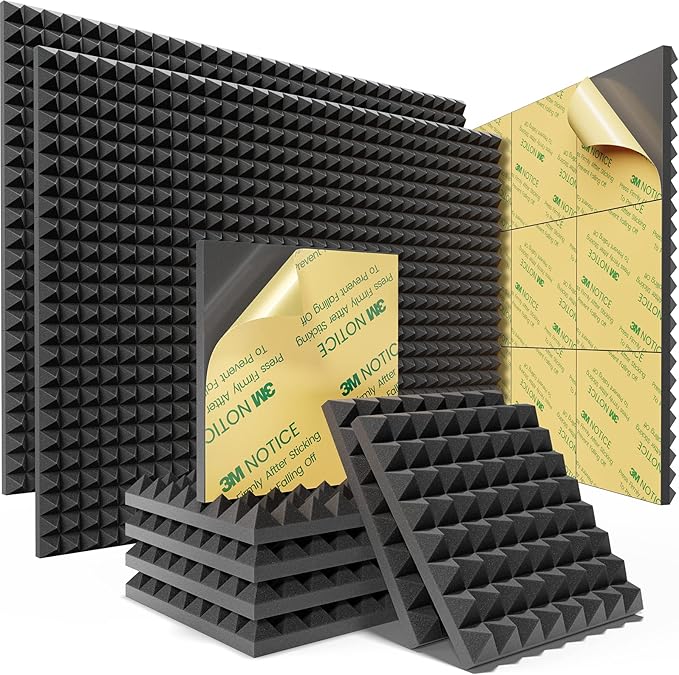 Sonicism Pyramid Acoustic Panels with Self-Adhesive 48 Pack,12" X 12" X 1" Sound Proof Foam Panels for Walls of High Density,Soundproof Wall Panels Fast Expand,Sound Absorption and Decoration,Black