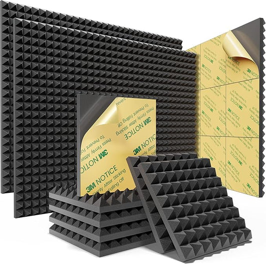 Sonicism Pyramid Acoustic Panels with Self-Adhesive 48 Pack,12" X 12" X 1" Sound Proof Foam Panels for Walls of High Density,Soundproof Wall Panels Fast Expand,Sound Absorption and Decoration,Black