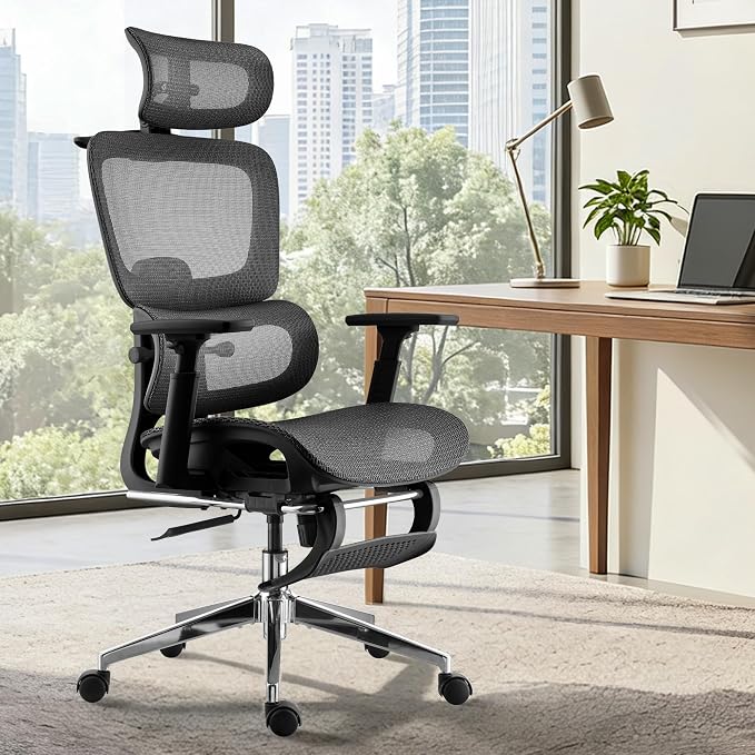 Ergonomic Office Chair, Home Mesh Desk Computer Chair, Comfortable Gaming Chair with Footrest, Wheels, Adjustable 2D Headrest, Lumbar Support, High Back and 3D Armrest, Black