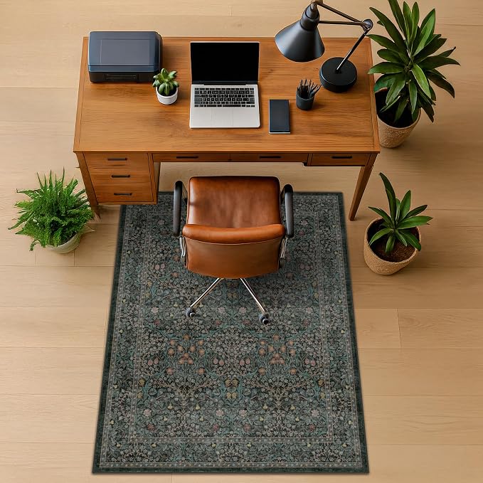 Vintage Floral Dark Green Office Chair Mat for Hardwood & Tile Floor, 3x4 Non-Slip Ultra Soft Low Pile Under Desk Rug, Floor Protector for Heavy Duty Office Chair, Stain Resistant, Easy to Clean