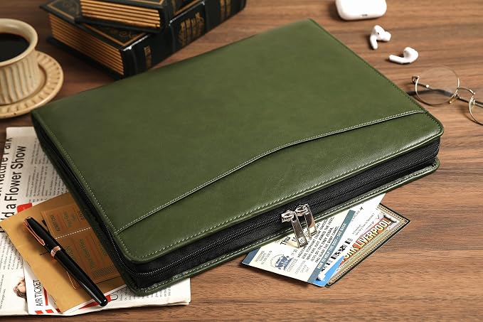 Vegan Portfolio for Men, Business Padfolio with Zipper, Vegan Leather Folio with A4 Writing Pad Holder Portfolio Organizer for Resume, Interview, Meeting - Green