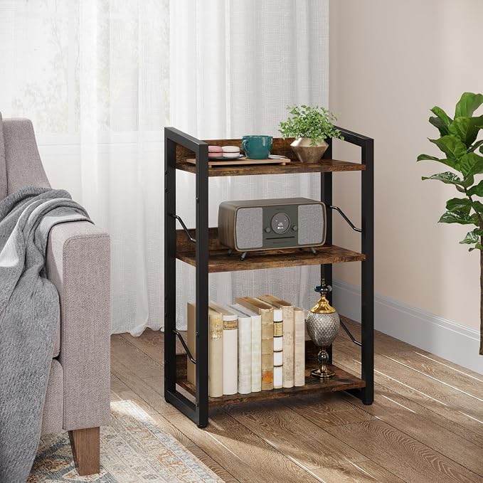 Hosfais 3-Tier Small Bookshelf Bookcase with Edge Protection | Wood Book Shelf Industrial Bookshelf Metal Narrow Bookcase Storage Organizer Display Rack for Bedroom Home Office (Brown)