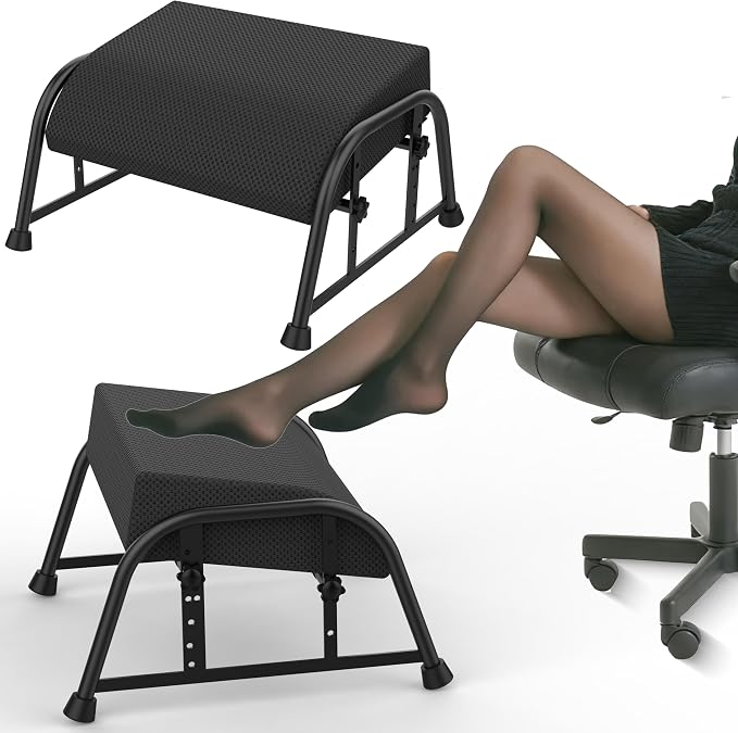10-Level Adjustable Under Desk Footrest, XL Black Metal Frame | Ergonomic under desk leg rest or desk foot rest. Home computer heavy duty office chair foot stool for gamers,works(Black)