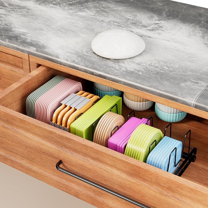 Expandable Food Container Lid Organizer with 9 Adjustable Dividers | Sturdy Metal Pots and Pans Organizer Rack for Home Kitchen Cabinets, Drawers, Pantry Shelves, Countertops, 8.15" Wide, Black