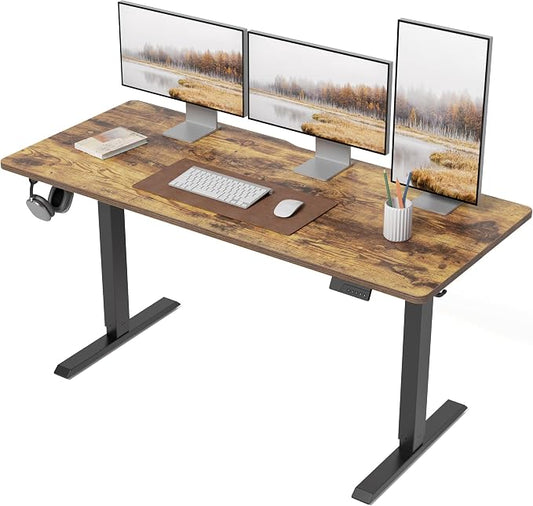 DESINO Standing Desk, 55 × 28 Inches Electric Height Adjustable, Sit and Stand Up, Computer Office Desk with Splice Board, Black Frame/Rustic Brown TOP
