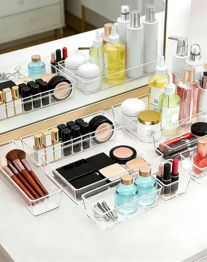 45Pack Makeup Drawer Organizers Set, 4Sizes acrylic desk organizer trays for vanity, bathroom, office, nightstand, junk for kitchen drawer, Versatile plastic drawer divider storage bins