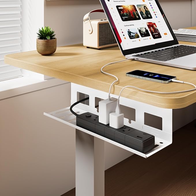 Under Desk Cable Management Tray, 15.7'' Screw-Mount Steel Rack | Metal Cord Organizer for Power Strips, Chargers, Reversible Installation, Effortless Wire Management for Home Office, White