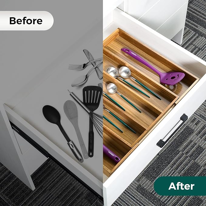 Utoplike Acacia Kitchen Drawer Organizer Expandable, Utensils Cutlery Tray | Large Silverware Divider for Knives, Flatware, Knives in Kitchen, Bedroom, Living Room, Adjustable 3-5 Slots