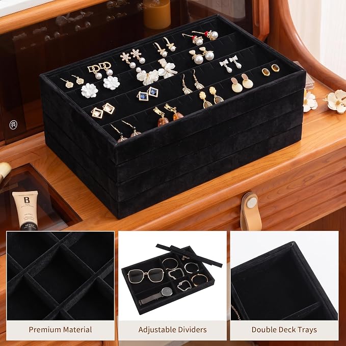 Jewelry Trays for Drawer,Set of 4 Jewelry Organizer and Storage | Velvet Material,Stackable,Adjustable Dividers,Drawer Inserts for Rings Studs Bracelet,Earring Organizer for Women Girls