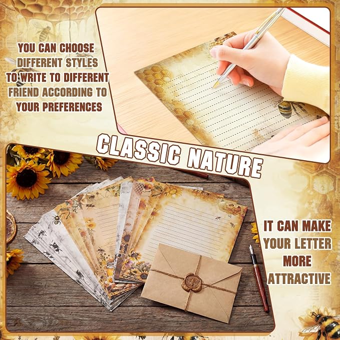 TaoBary 160 Pcs Stationery Paper Set 50 Double Sided Stationery Paper with 50 Matching Envelope and 60 Round Dot Sticker, 10 Design (Vintage Bee Floral Butterfly,8.5 x 11 Inch)