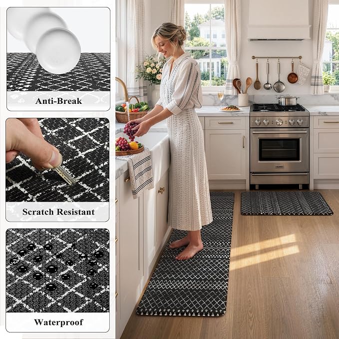 KIMODE Kitchen Mats Cushioned Anti Fatigue, Black Farmhouse Kitchen Rugs Sets of 2, Padded Kitchen Floor Mats, Non Slip Standing Mats for Sink Laundry Office Desk 17"x59"+17"x29"