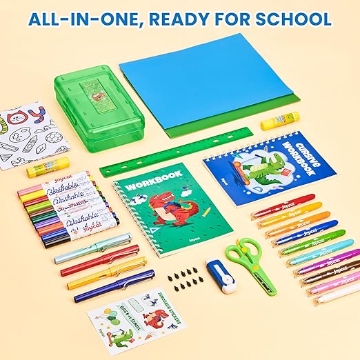 46-Piece Washable Back to School Supplies Gift Kit for Kids-Dinosaur Essential First Day Gift Set for Kindergarten & Elementary, Art Supplies & Refillable Tools, Ideal Kids Stationery Set for Boys.