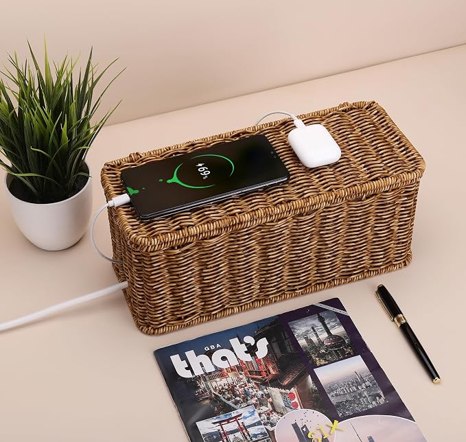 ZhiYo Rattan Cable Management Box, Speckled Brown, 12.5" x 5" x 5.2" | Handwoven imitation rattan cord organizer box conceals power strips and cables for a clean desk or floor setup