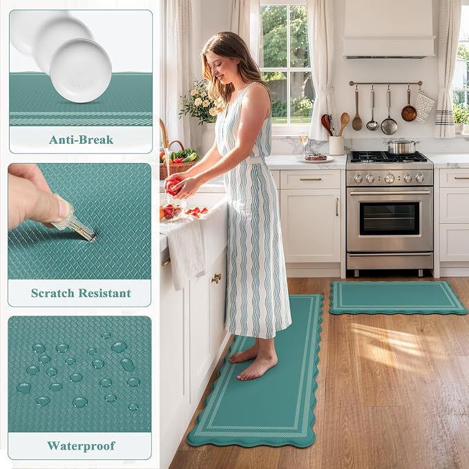 KIMODE Anti Fatigue Kitchen Mats,Turquoise Scalloped Rugs for Kitchen Floor | Padded Kitchen Floor Mats,,Boho Kitchen Rugs Sets of 2, Cushioned Standing Mat for Laundry Office Sink Desk 17"x47"+17"x29"