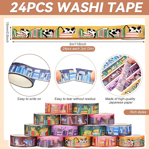 24 Rolls Book Washi Tape Back to School Washi Tape Vbs Maskingtape Set Gifts for Students Cat Book Maskingtape for Sunday School, Classroom Crafts, Journaling Supplies, Scrapbooking, Gift Wrapping