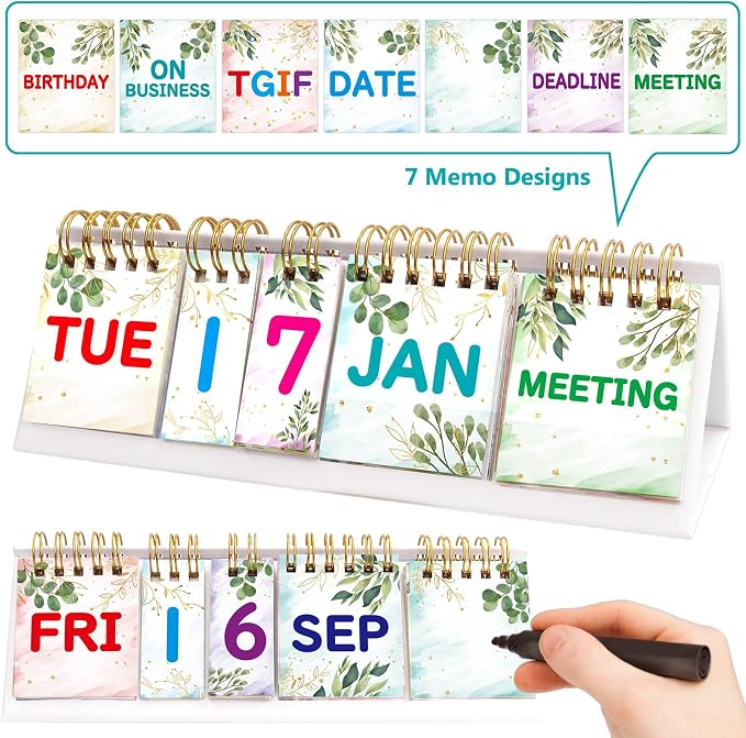 Fancy Land Perpetual Calendar Flip Desktop Boho Calendar with Day Date Month and Note for Office Plan Schedule Classroom Supply Home Kitchen Decor 8 x 2.7 Inches