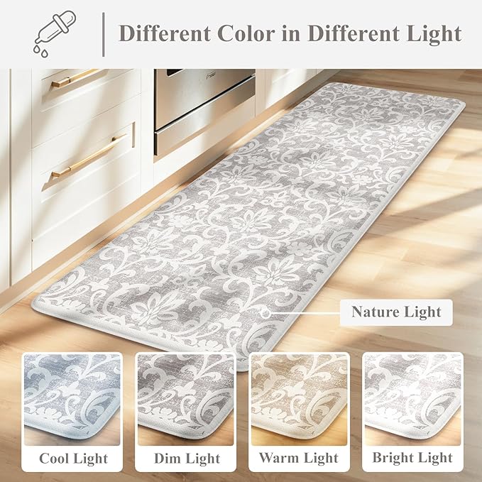 LEEVAN Cushioned Kitchen Mats for Floor Sets of 2, Vintage Distressed Grey Anti-Fatigue Kitchen Mat for Laundry,Non Slip Waterproof Standing Mat for Home,Office, Desk,Sink(17.3"x29"+17.3"x59")
