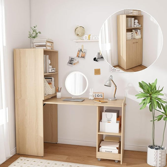 Folding Out Desk with Storage Shelves, Expandable Hidden Computer Desk, Foldable Space-Saving Pull Out Murphy Table, Writing Table with Wheels for Home Office Bedroom Small Spaces (Natural Wood.)