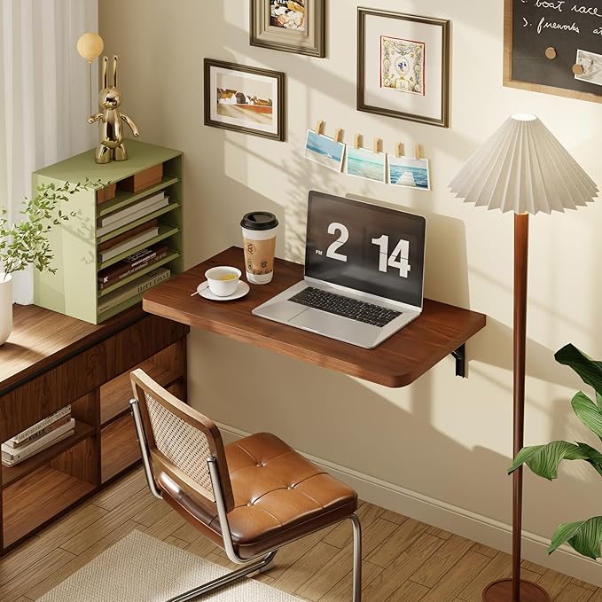 Dogsky Floating Wall Desk, 24" x 14" Wall Mounted Folding Table, Pine Wood Fold Down Wall Table, 100 lb Capacity Wall Mount Desk for Small Apartment, Laundry Room,Kitchen,Bar & Computer, Walnut