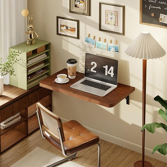 Dogsky Floating Wall Desk, 24" x 14" Wall Mounted Folding Table, Pine Wood Fold Down Wall Table, 100 lb Capacity Wall Mount Desk for Small Apartment, Laundry Room,Kitchen,Bar & Computer, Walnut