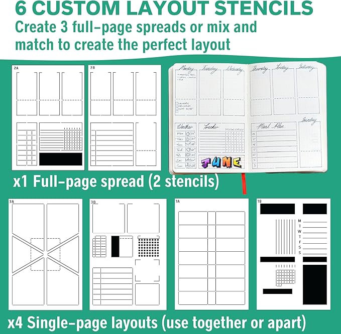 Speedy Spreads Journal Stencils (Weekly Layouts #1) - x6 Stencils for A5 Bullet Dot Grid Journal Notebook, Save Time on Full-Page Layouts, DIY Planner Templates for Productivity by Sunny Streak