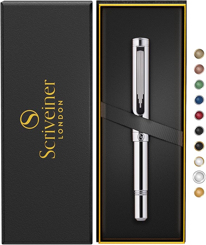 Scriveiner Silver Chrome Rollerball, Award Winning Luxury Pen, Heavy Pocket Pen with Chrome Finish, bundle with Rollerball Refill Black Medium - 4 Rollerball Refills in one box
