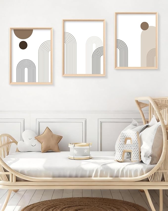 HesenDot 12x16IN Boho Arch High Framed Wood Design Wall Art Set of 3 | Modern Neutral Line Canvas Prints, Mid Century Minimalist Wall Decor for Living Room Bedroom Bathroom Hallway Office
