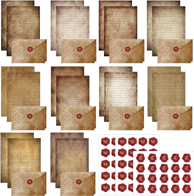 TaoBary 160 Pcs Stationery Paper Set 50 Double Sided Stationery Papers with 50 Matching Envelopes and 60 Round Dot Sticker, 10 Design(Vintage Antique,5.5 x 8.25 Inch)
