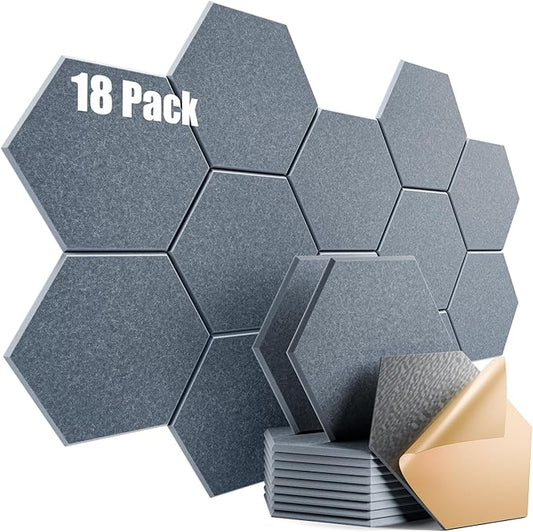 18 Pack Self-Adhesive Acoustic Panels 12" X 10" X 0.4" - Sound Proof Foam Panels for Wall with High Density, Hexagon Design, Flame Resistant, Absorb Noise and Eliminate Echoes(Gray)