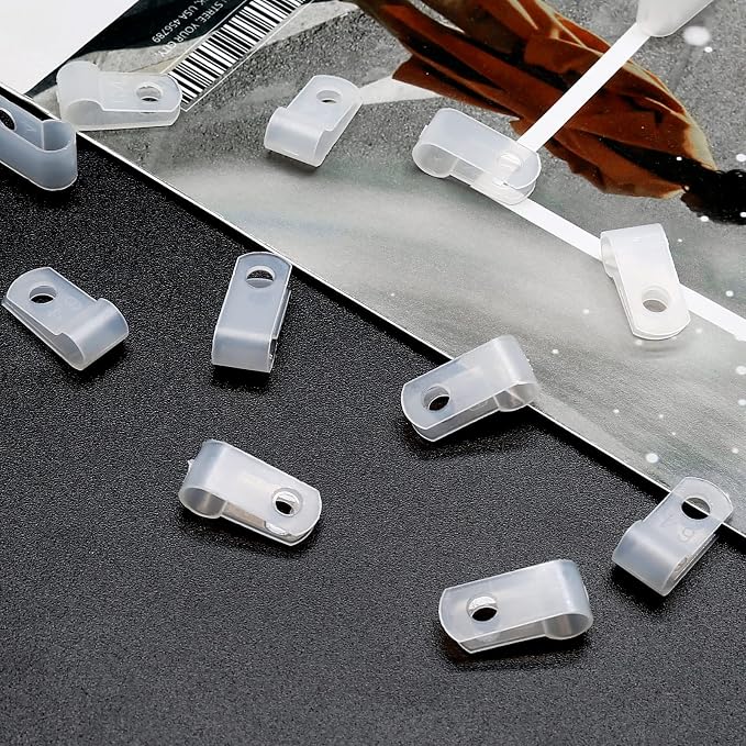 1/4 Inch Nylon Cable Clamps, White, 60pcs R-Type Wire Cable Clips | M4 Screws Included, Screw Mounting Cord Fastener, Wire Management