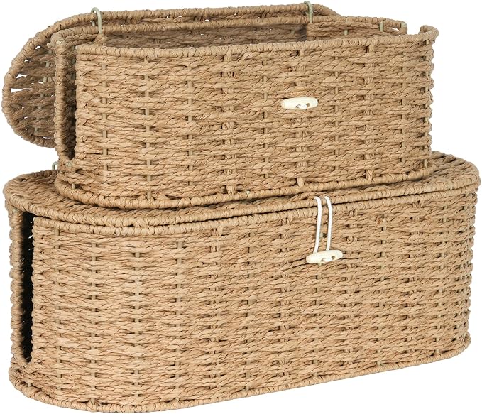Set of 2 Cable Management Box, Handwoven Cord Hider Box with 3 Open Slots | Cable Organizer Box with Lockable Lid, Cord Storage Box to Hide Power Strip, Router, USB Hub, TV Wires for Home, Office