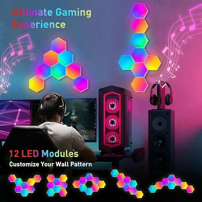 Hexagon LED Lights Wall,RGB Lights with APP/Remote & Music Sync,DIY Modular & Gaming Room Decor,Tap Wall LED Panels for Bedroom (12-Pack)