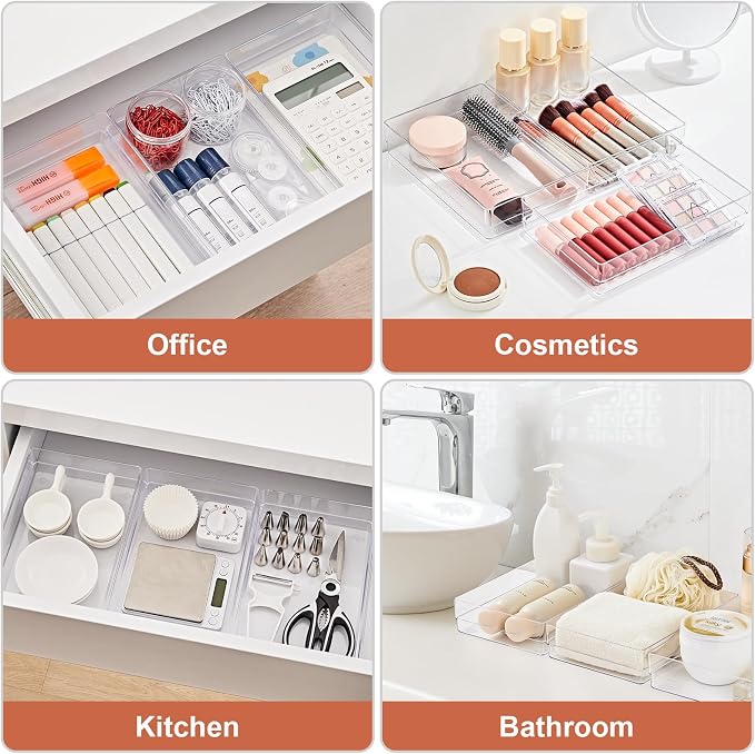 SMARTAKE 6 PCS Clear Plastic Kitchen Large Size Drawer Organizers Set | Non-Slip Desk Drawer Organizer, Bathroom Vanity Drawer Organizer Trays for Makeup, Bedroom, Office, Kitchen Utensils