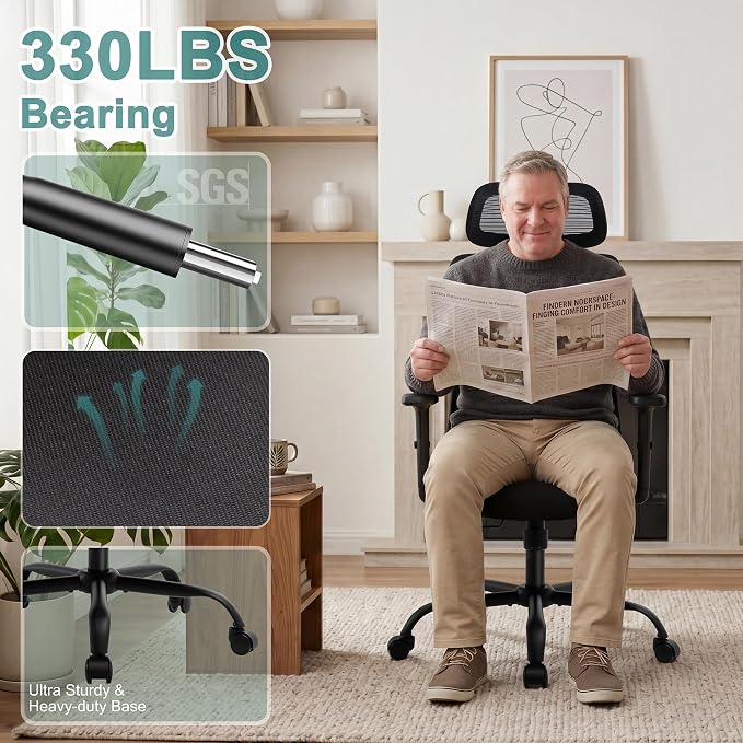 Shintenchi Mesh Office Chair, Ergonomic Home Office Desk Chair with Adjustable Lumbar Support, Headrest, 90°-135° Tilt, Computer Chair for Home Office, Black Task Chair