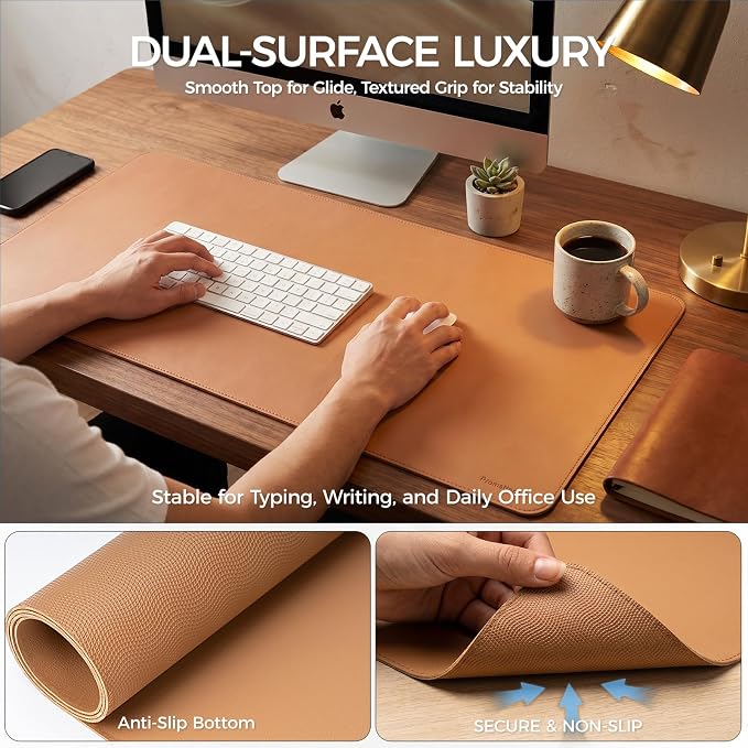 Large Desk Pad Non-Slip Desk Mat Protector for Keyboard Mouse Waterproof Vegan Leather Surface Faux Leather Laptop Mat Smooth Mouse Pad Premium Gift Tube Caramel Brown 31.5" x 15.7"