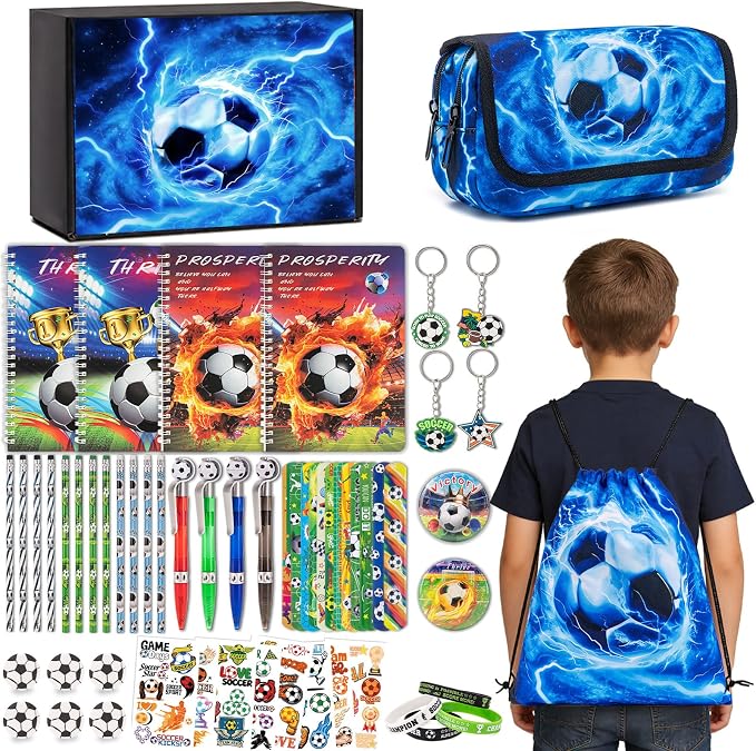 DIGOBAY 61PCS Soccer School Supplies Set for kid Boys, Teen Back to School stationery Supplies with Pencil Case Drawstring Bag Spiral Notebooks Pens Pencils Tattoos Wristbands Gift Box