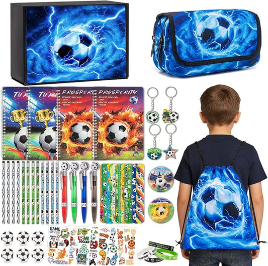 DIGOBAY 61PCS Soccer School Supplies Set for kid Boys, Teen Back to School stationery Supplies with Pencil Case Drawstring Bag Spiral Notebooks Pens Pencils Tattoos Wristbands Gift Box
