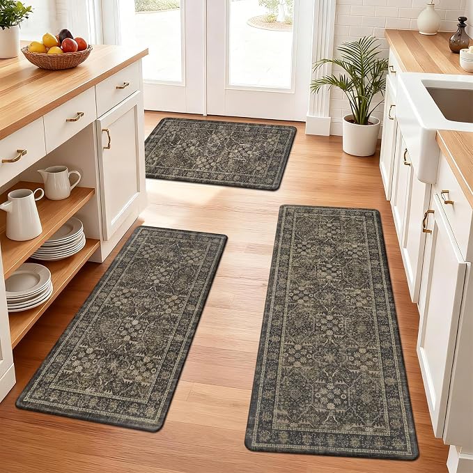 Pauwer Anti Fatigue Kitchen Floor Mats Set of 3, Cushioned Rugs, Taupe | Non Slip Comfort Standing Mat, PVC Foam Padded Kitchen Rugs, Waterproof Sink Rug for Small Kitchen Area, Laundry Room